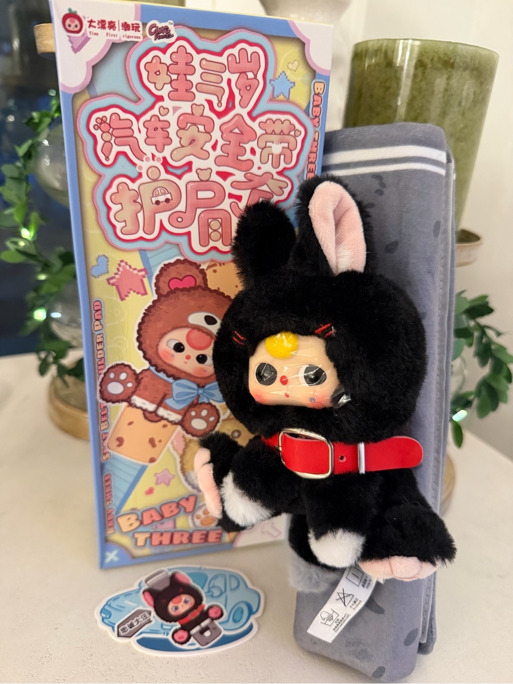 Baby Three Seatbelt Shoulder Pad - Black Bunny Plush